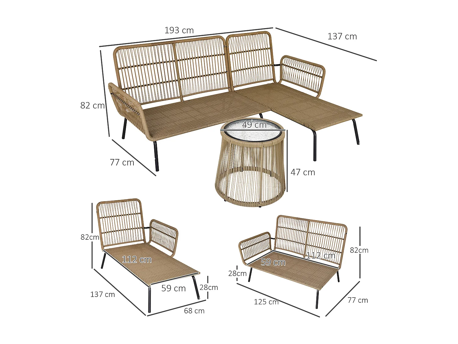 Set da giardino boho con divano chaise longue e tavolino