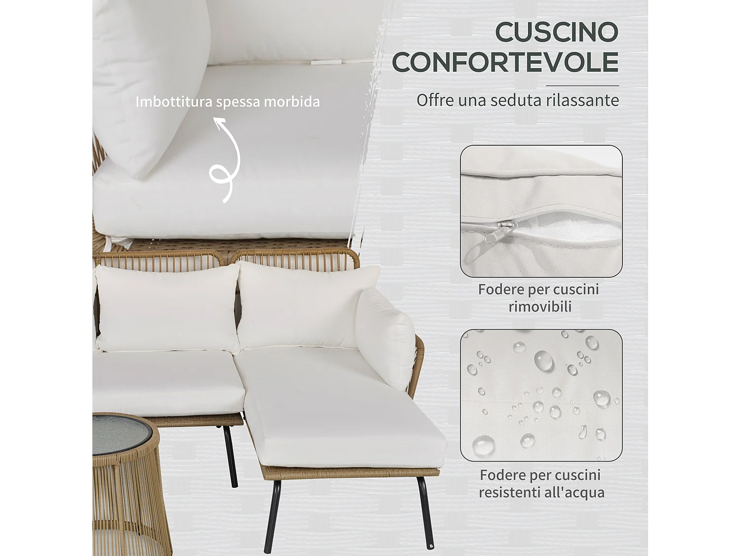 Set da giardino boho con divano chaise longue e tavolino