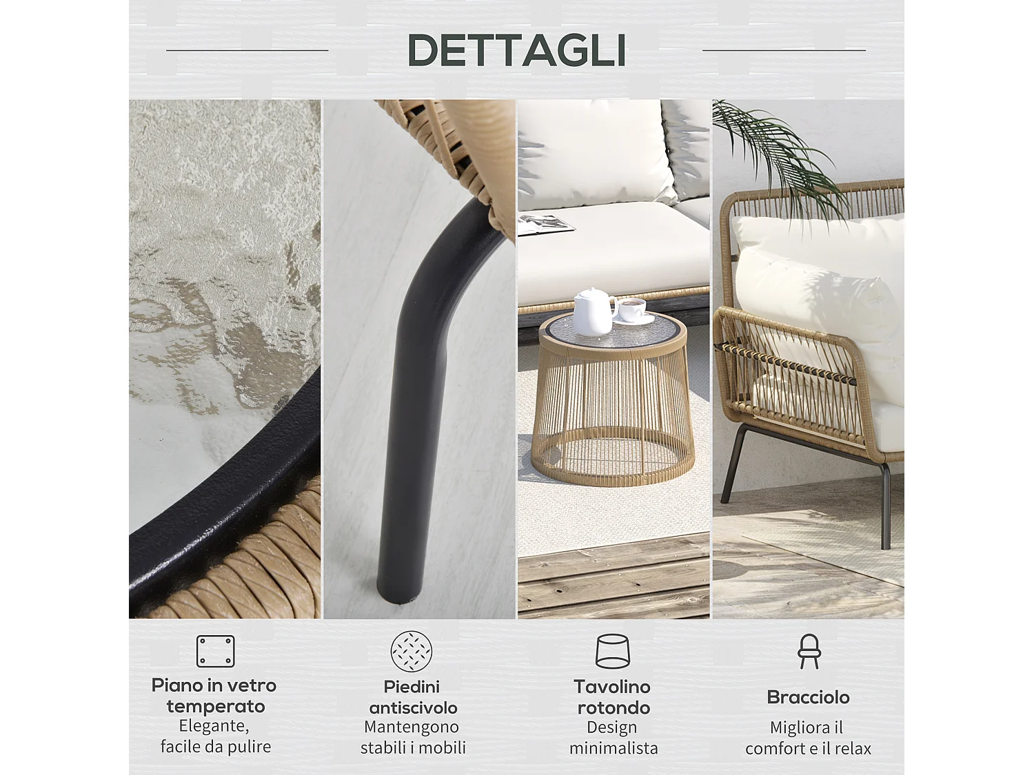 Set da giardino boho con divano chaise longue e tavolino