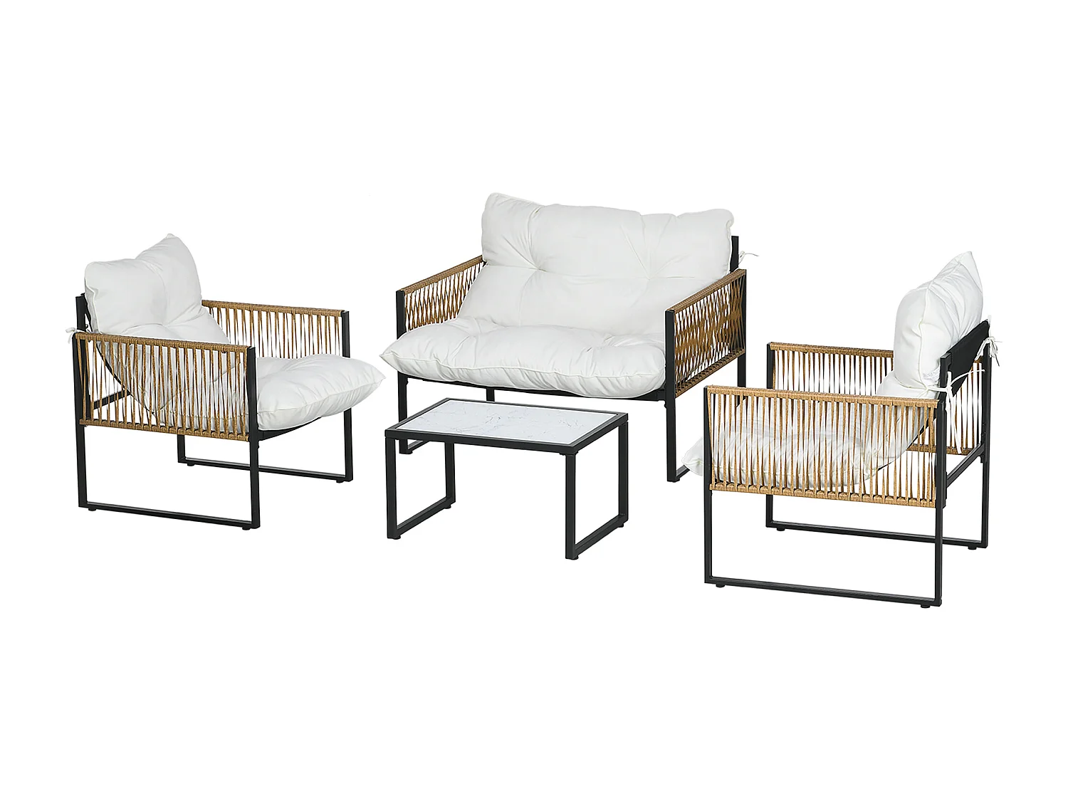 Set da giardino 4pz in rattan con divanetto, 2 sedie e tavolino nero