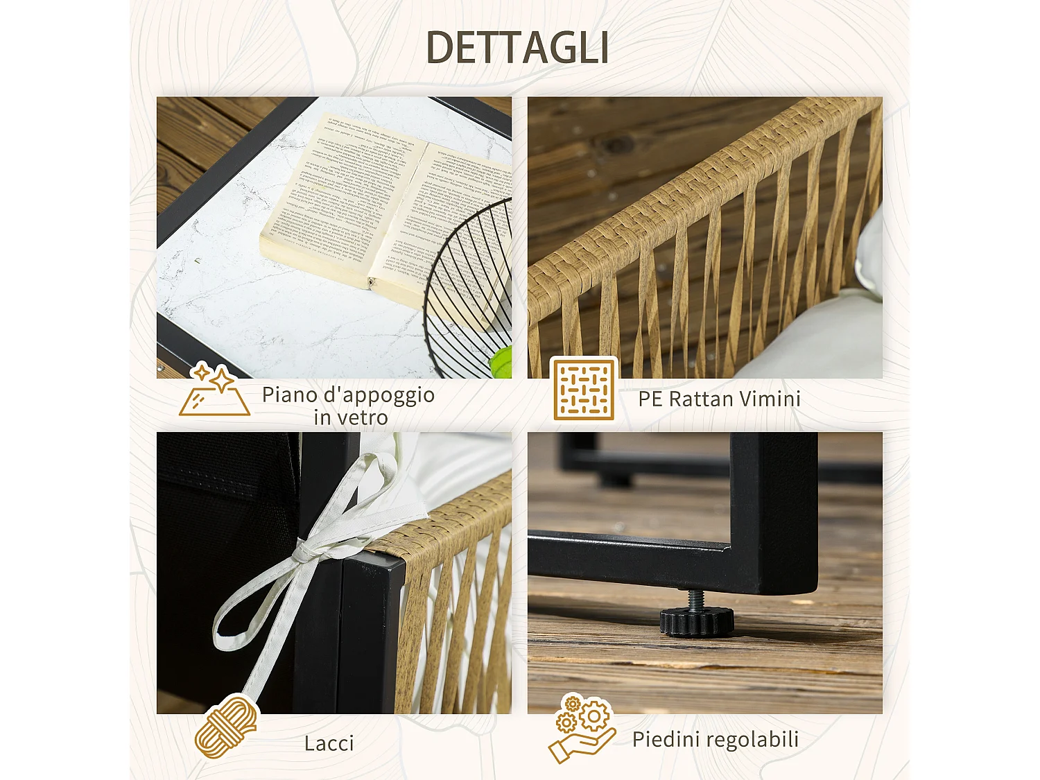Set da giardino 4pz in rattan con divanetto, 2 sedie e tavolino nero