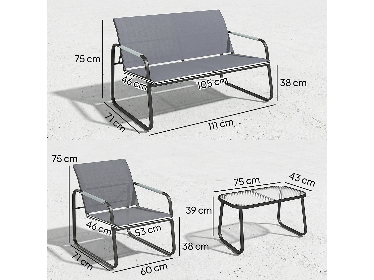 Set da giardino 4pz con divano 2 sedie e tavolino grigio