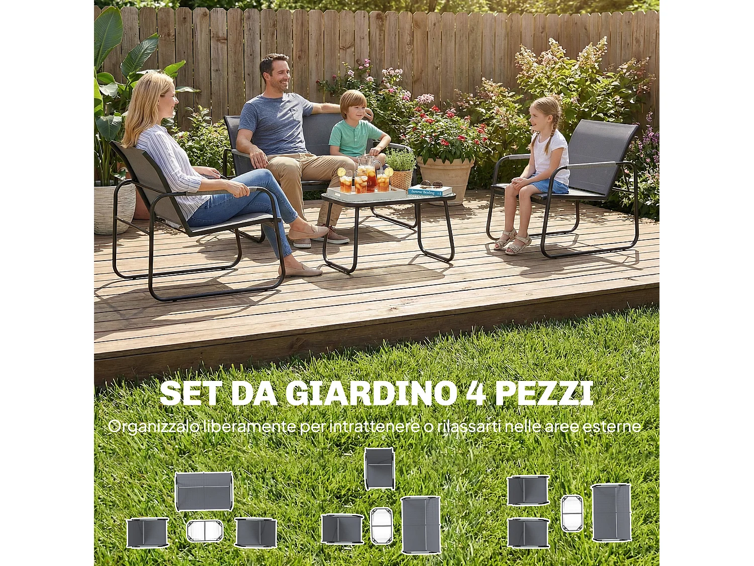 Set da giardino 4pz con divano 2 sedie e tavolino grigio