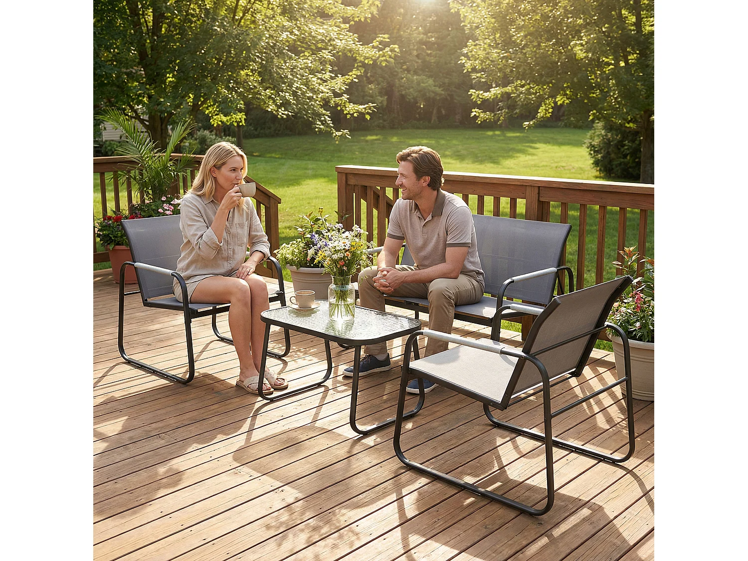 Set da giardino 4pz con divano 2 sedie e tavolino grigio