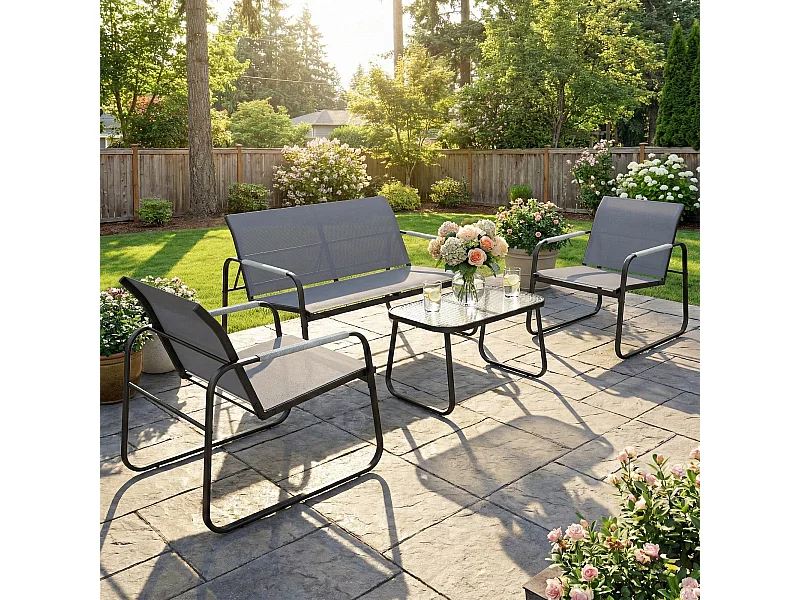 Set da giardino 4pz con divano 2 sedie e tavolino grigio