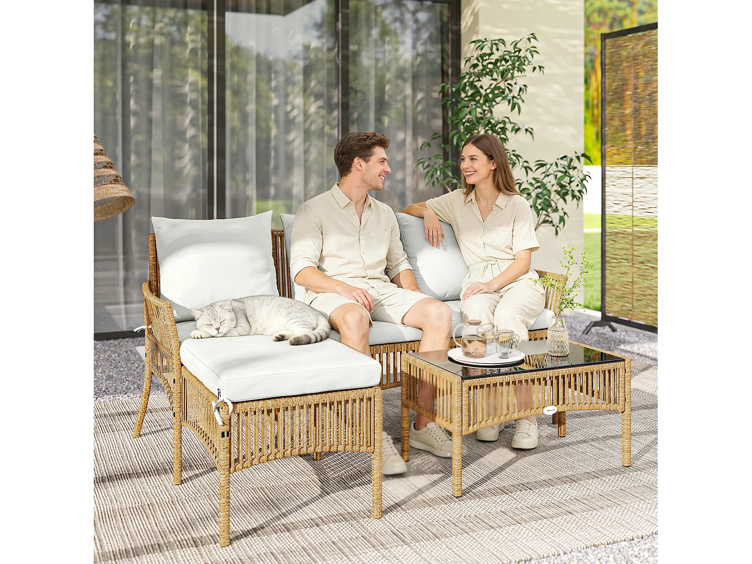Set da giardino 3 pz con divanetto, chaise longue e tavolino crema
