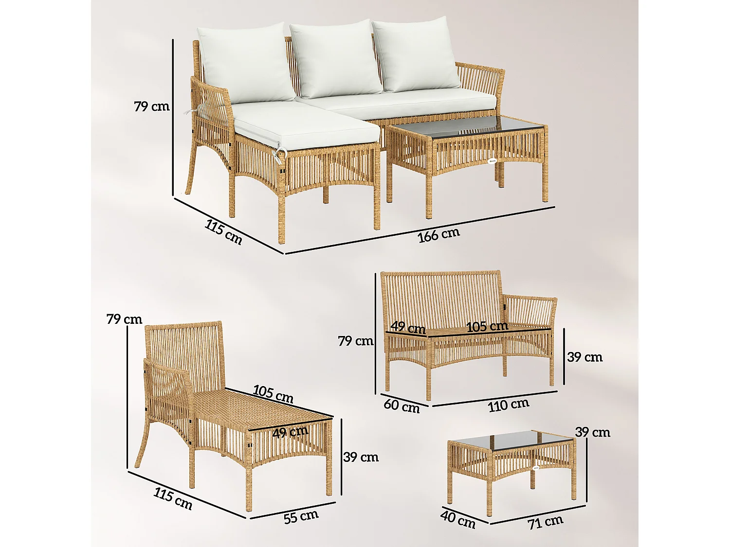 Set da giardino 3 pz con divanetto, chaise longue e tavolino crema