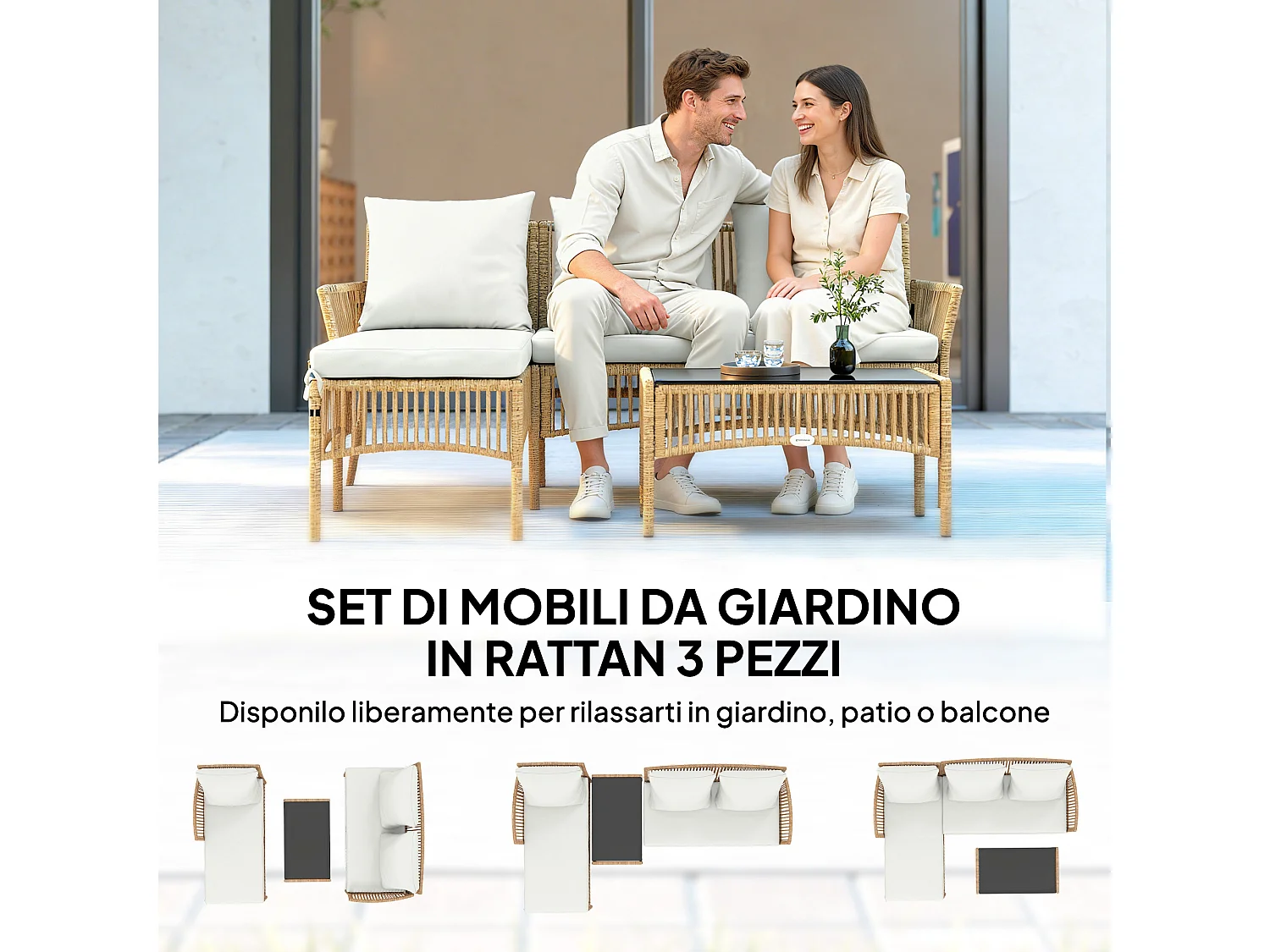 Set da giardino 3 pz con divanetto, chaise longue e tavolino crema