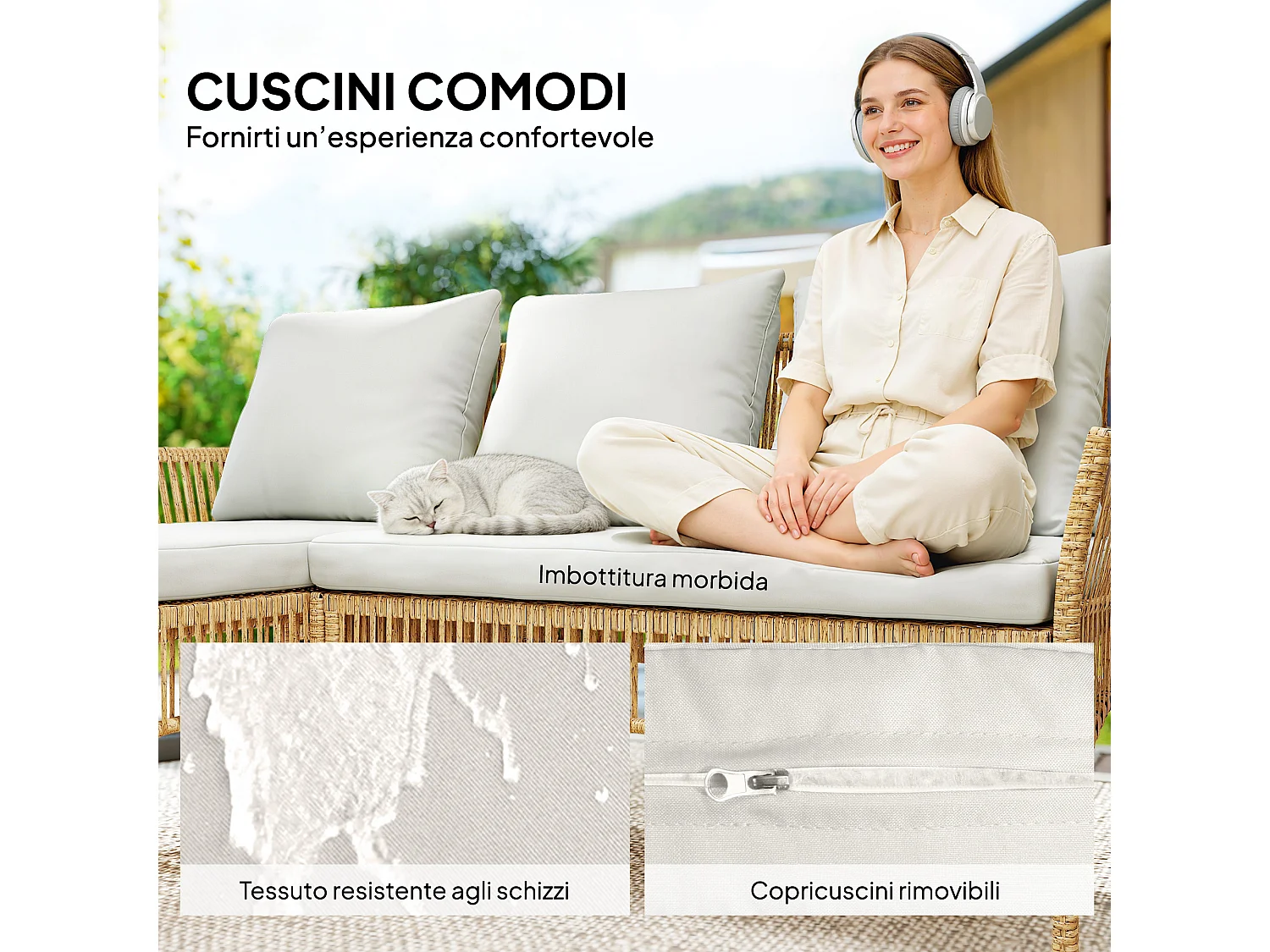 Set da giardino 3 pz con divanetto, chaise longue e tavolino crema