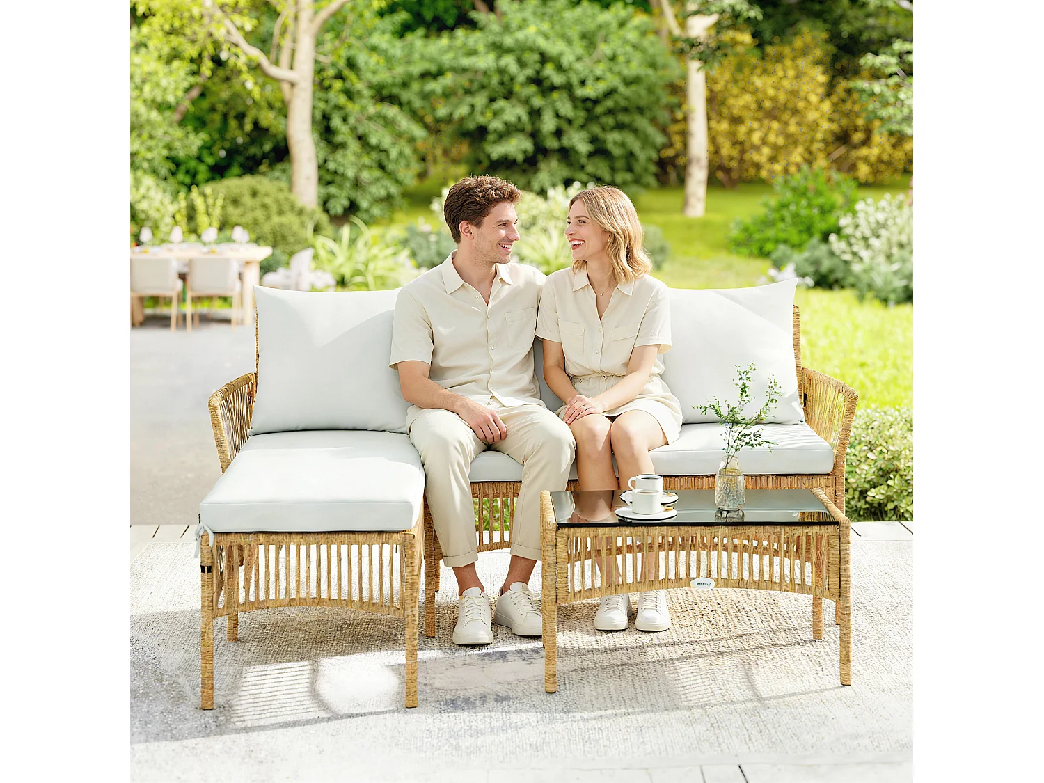 Set da giardino 3 pz con divanetto, chaise longue e tavolino crema