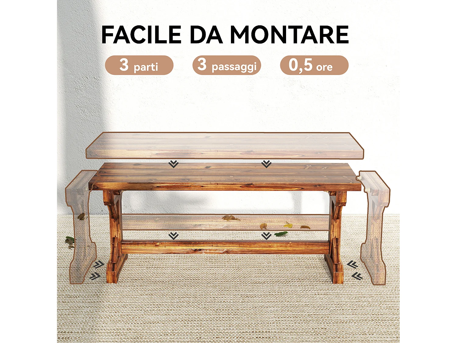 Panca da giardino 2 posti senza schienale in legno carbonizzato