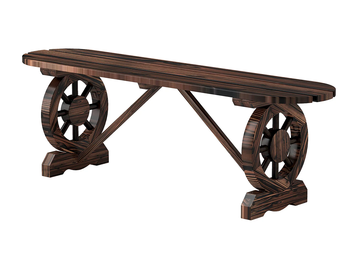 Panchina da giardino 2posti con ruote di carro e doghe marrone