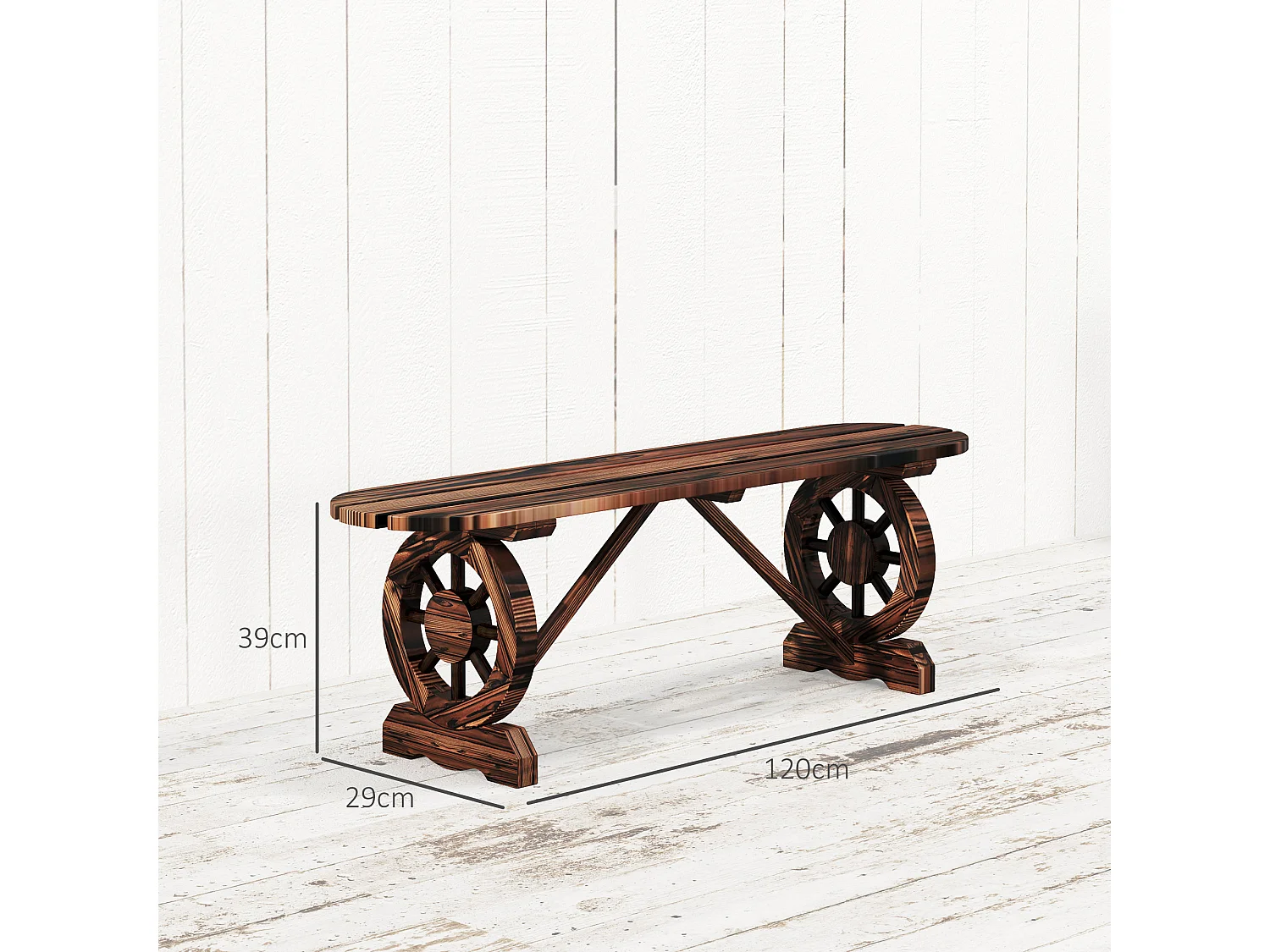 Panchina da giardino 2posti con ruote di carro e doghe marrone