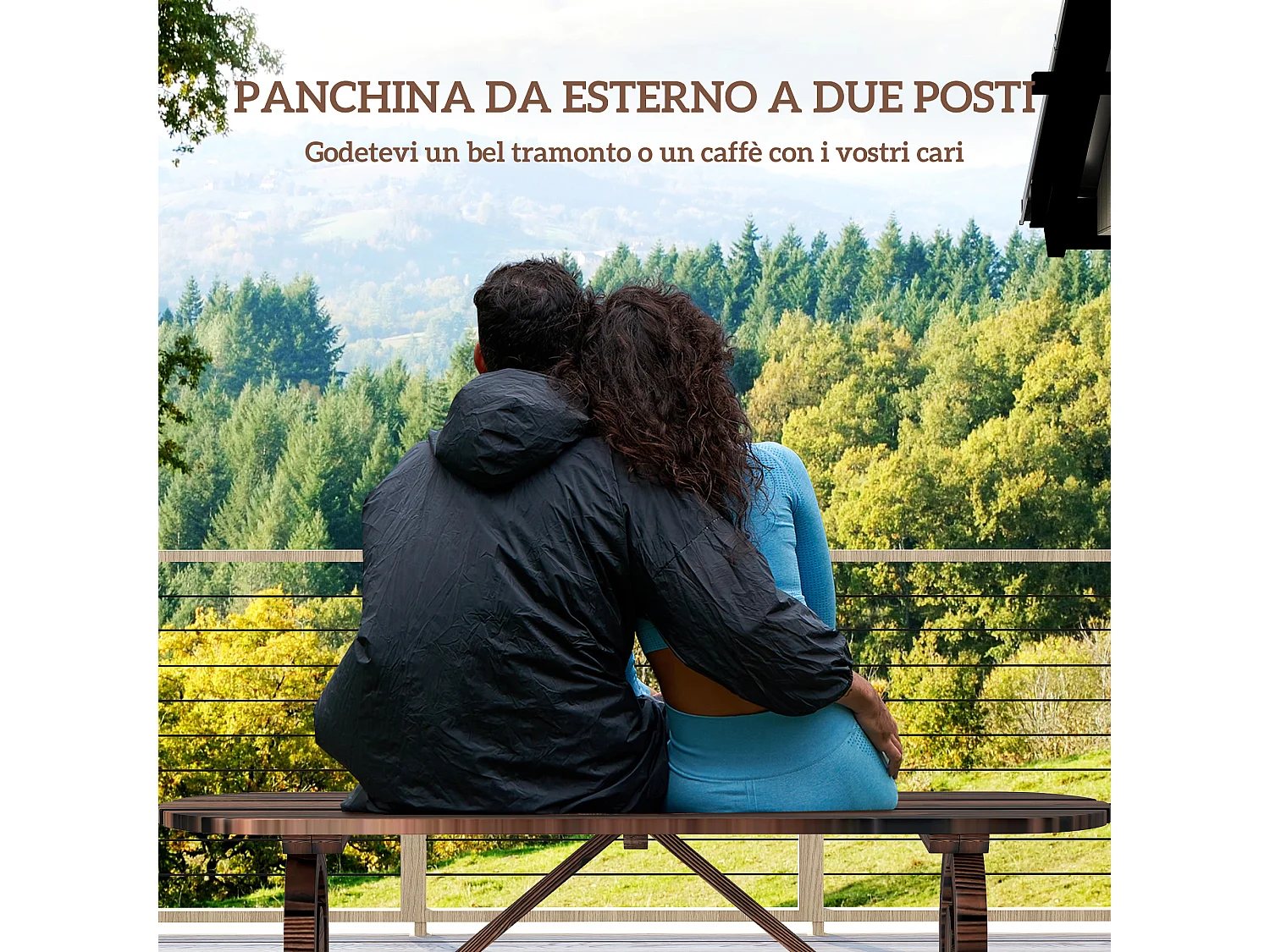 Panchina da giardino 2posti con ruote di carro e doghe marrone