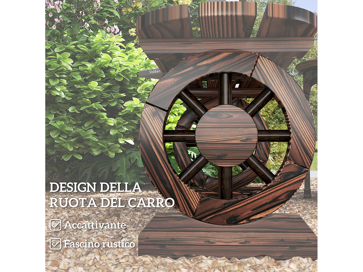 Panchina da giardino 2posti con ruote di carro e doghe marrone