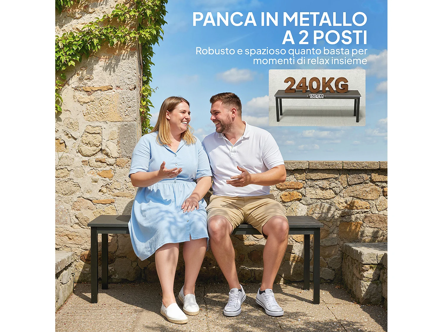 Panca da giardino 2 posti effetto legno in acciaio grigio