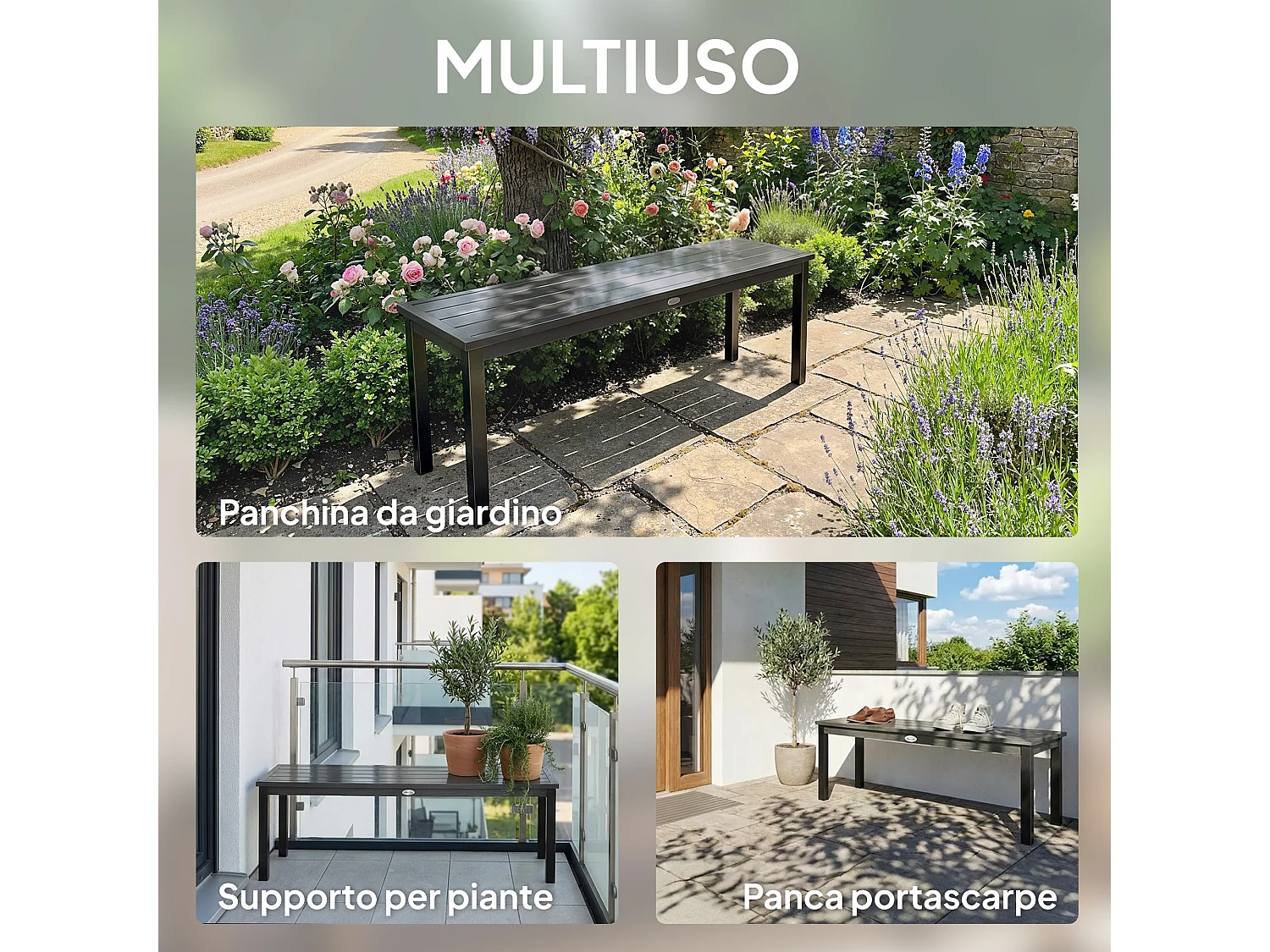 Panca da giardino 2 posti effetto legno in acciaio grigio