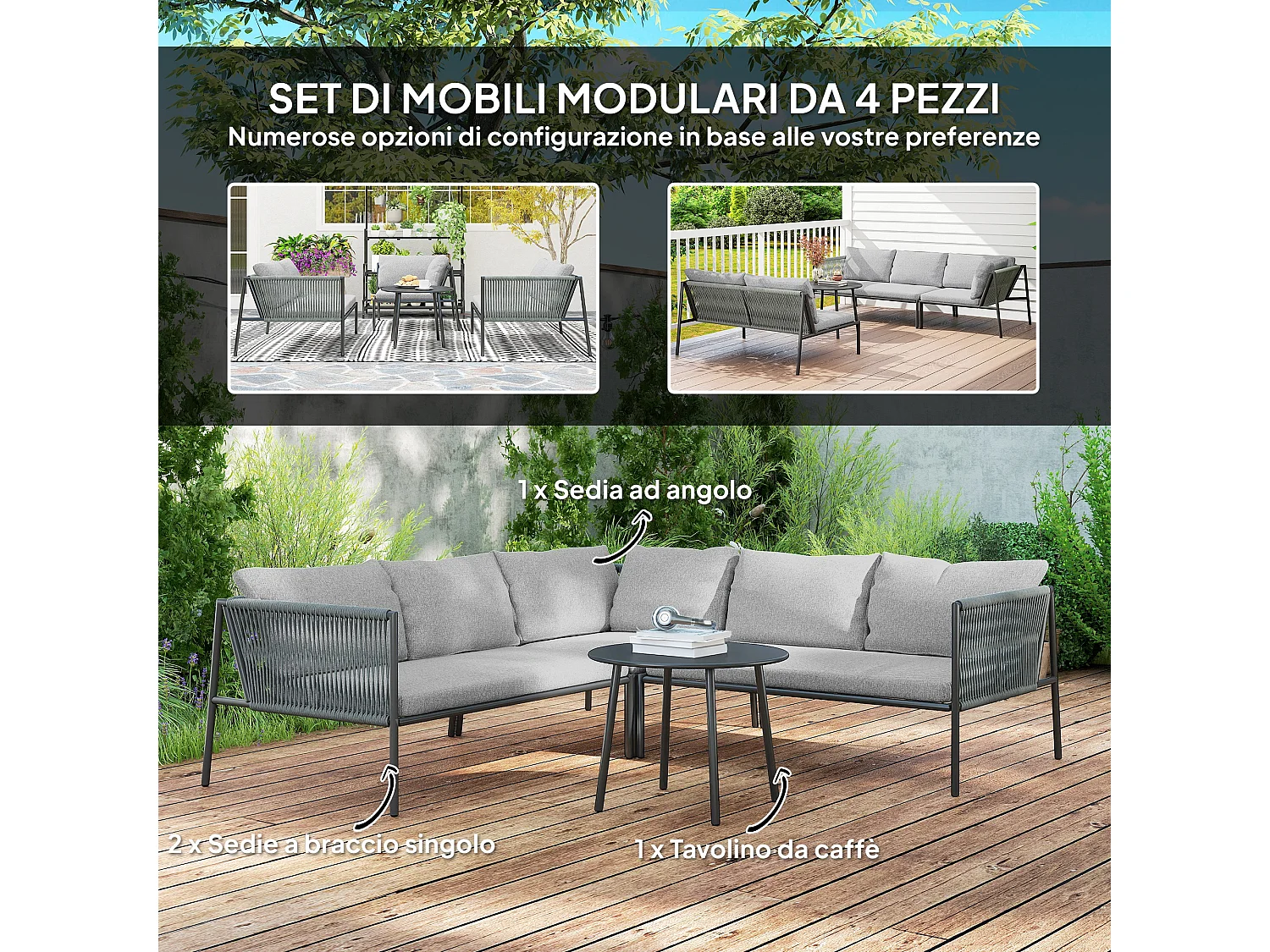Salotto da giardino con divano angolare modulabile e tavolino rattan