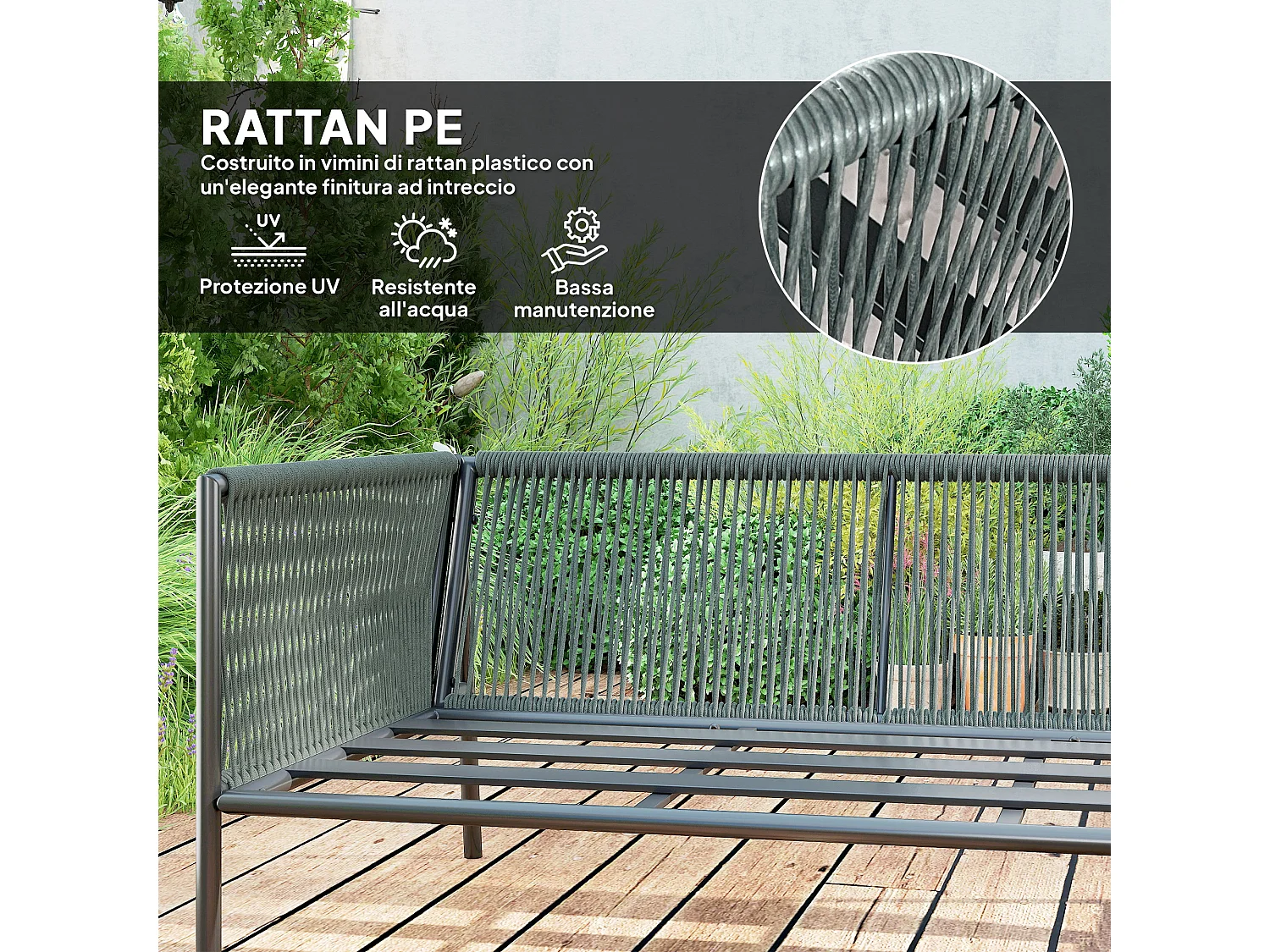 Salotto da giardino con divano angolare modulabile e tavolino rattan