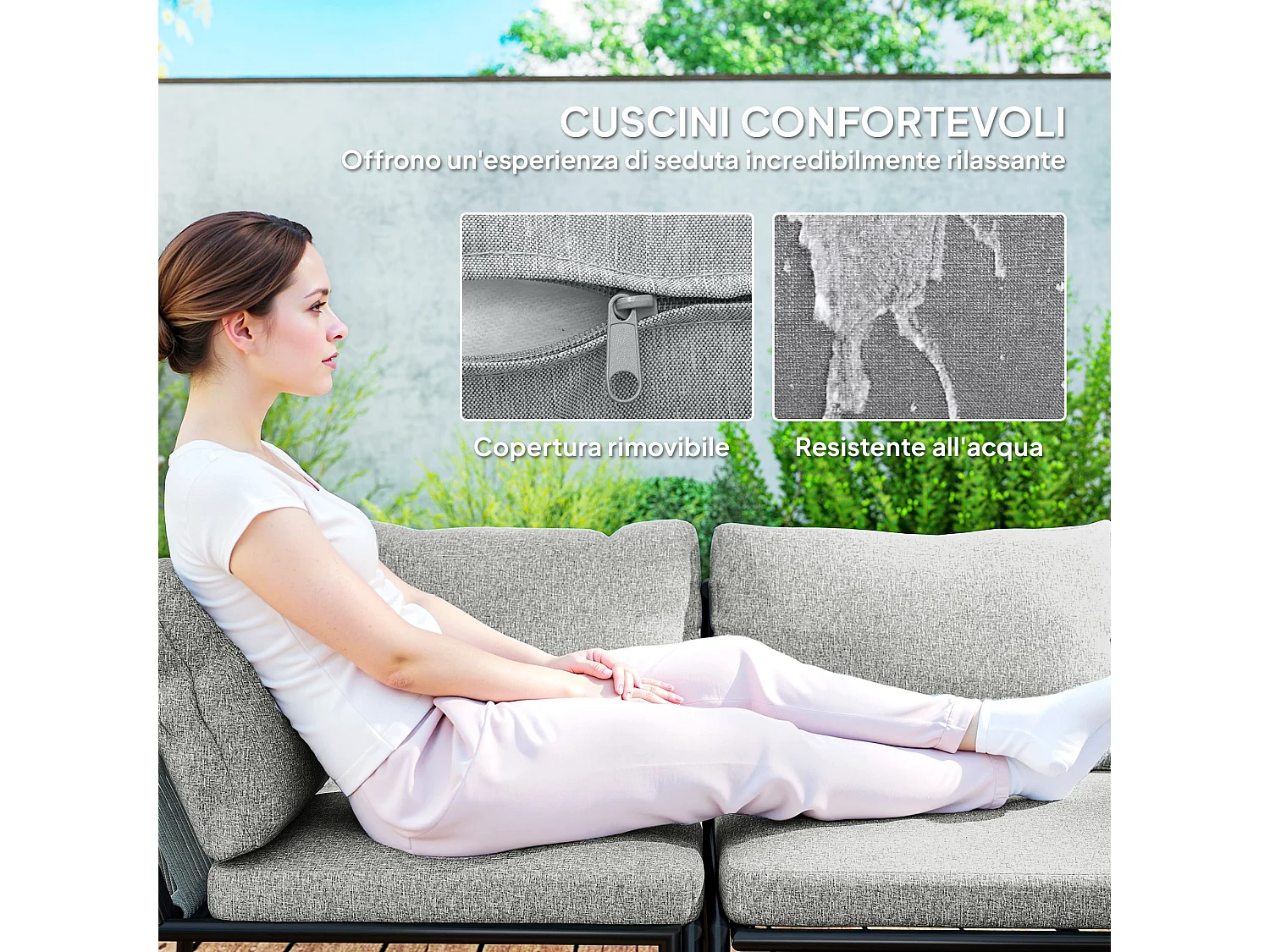 Salotto da giardino con divano angolare modulabile e tavolino rattan