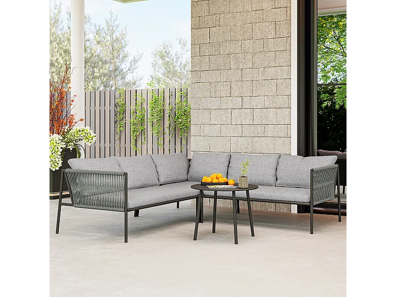 Salotto da giardino con divano angolare modulabile e tavolino rattan