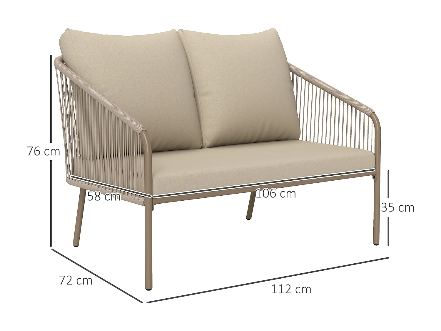 Divano da giardino boho in rattan pe e acciaio beige