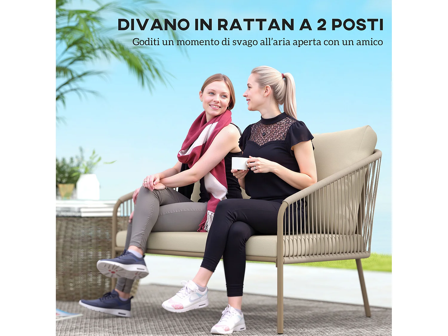 Divano da giardino boho in rattan pe e acciaio beige
