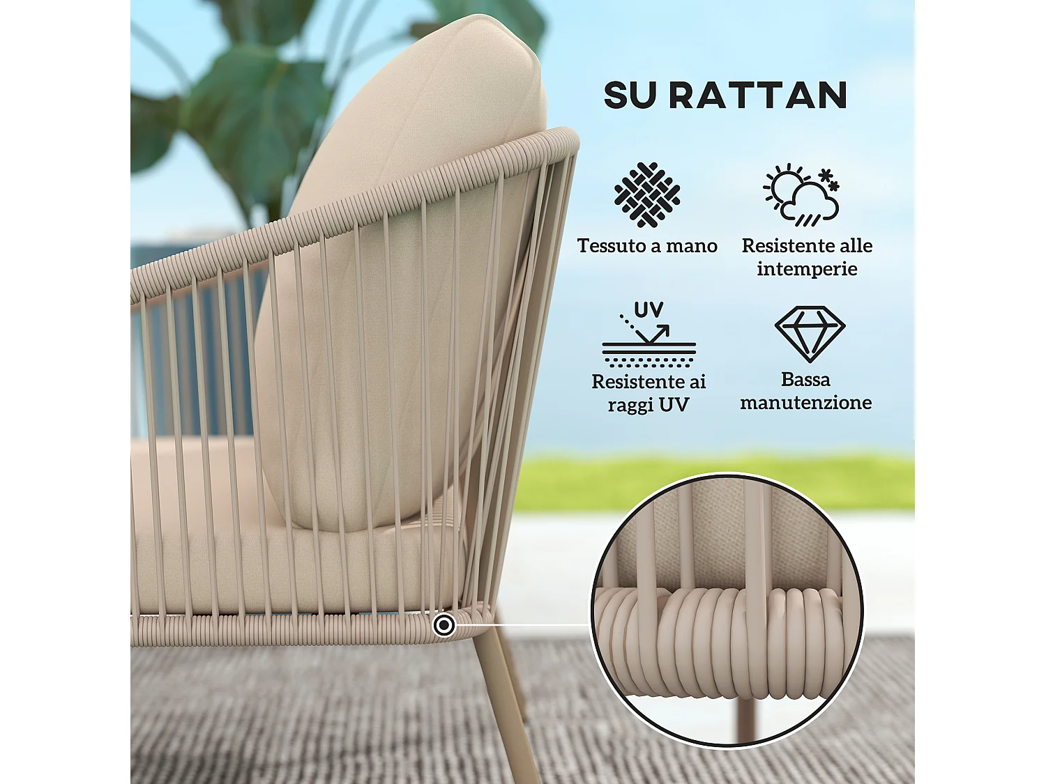 Divano da giardino boho in rattan pe e acciaio beige
