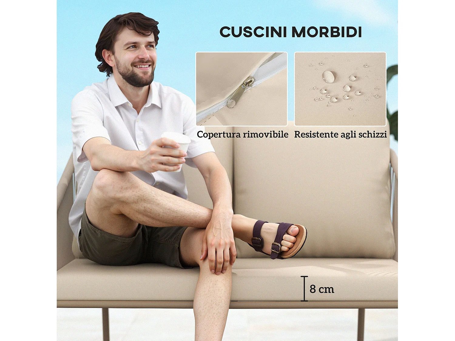 Divano da giardino boho in rattan pe e acciaio beige