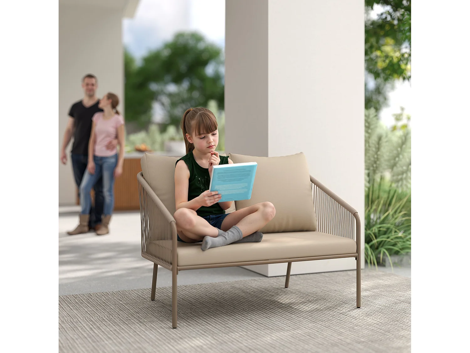 Divano da giardino boho in rattan pe e acciaio beige