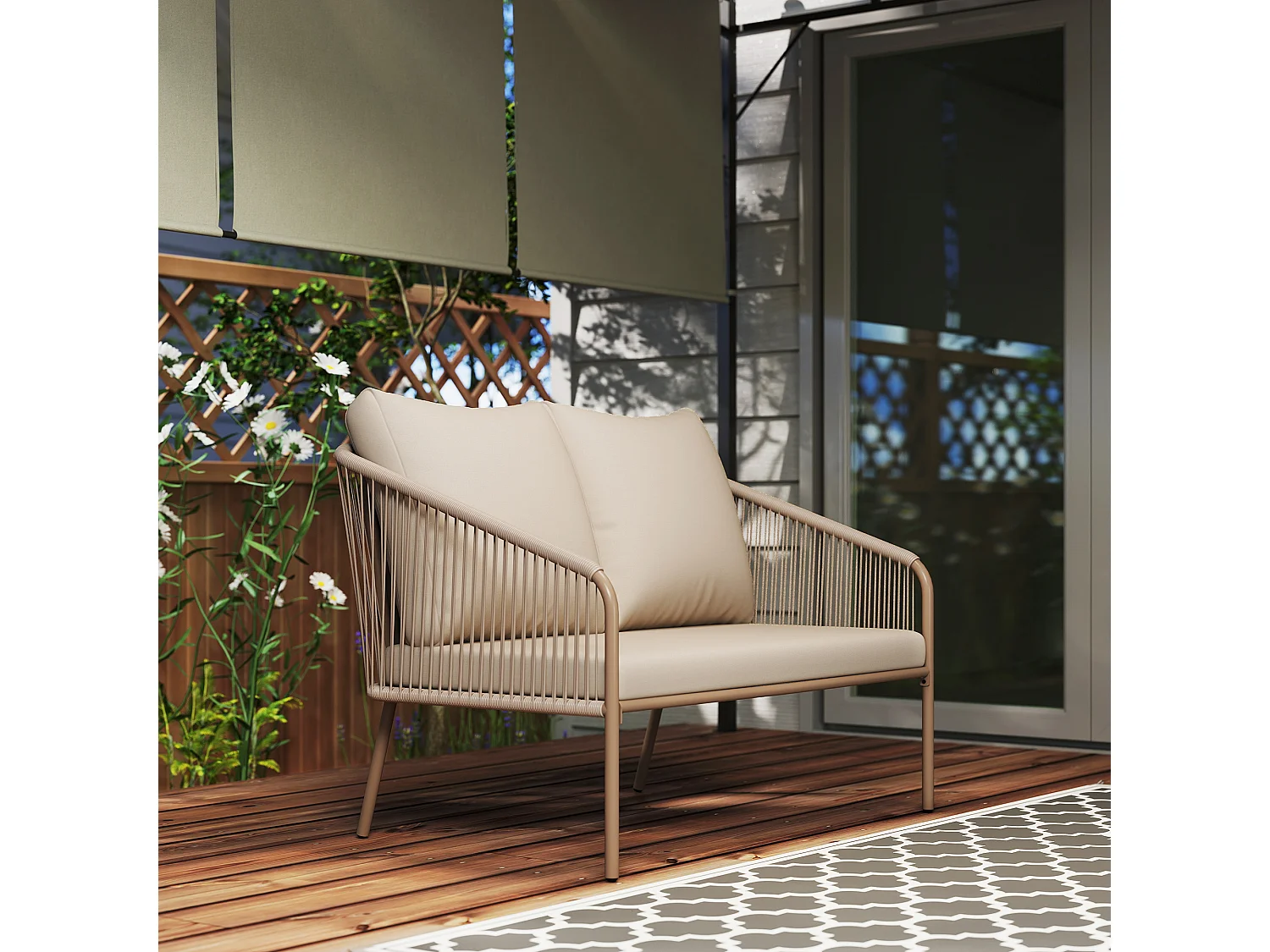 Divano da giardino boho in rattan pe e acciaio beige