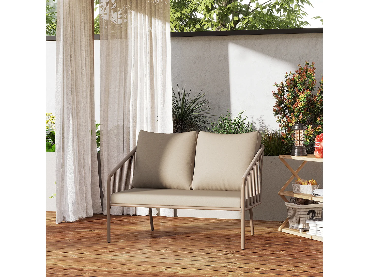 Divano da giardino boho in rattan pe e acciaio beige