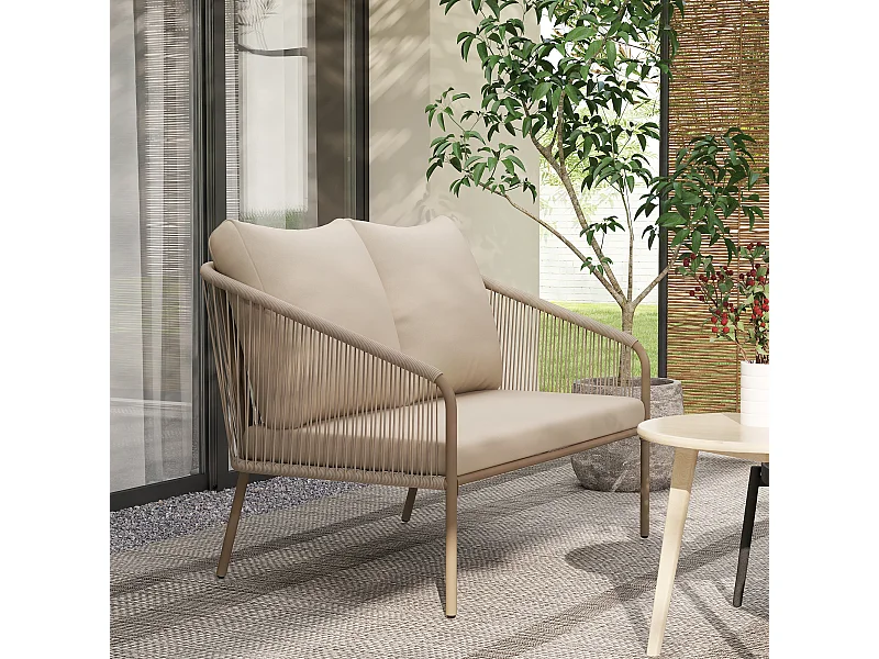 Divano da giardino boho in rattan pe e acciaio beige