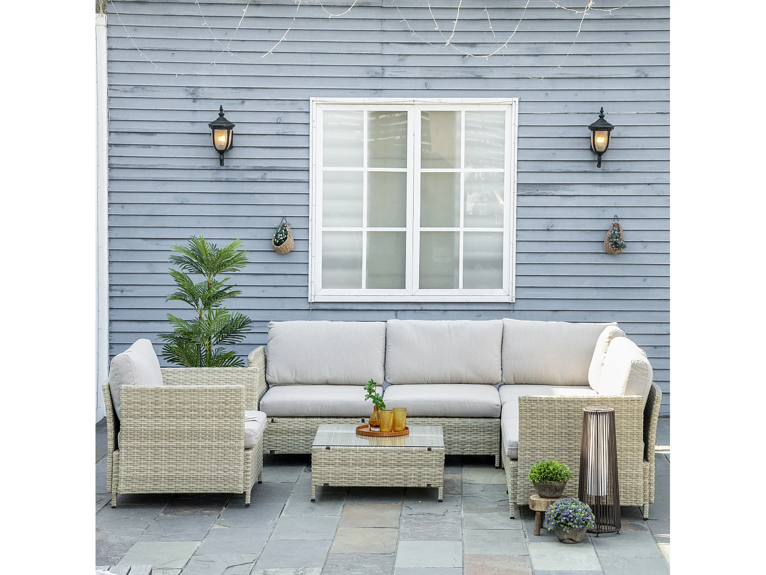 Salotto da giardino 7 pezzi modulabile rattan pe con cuscini