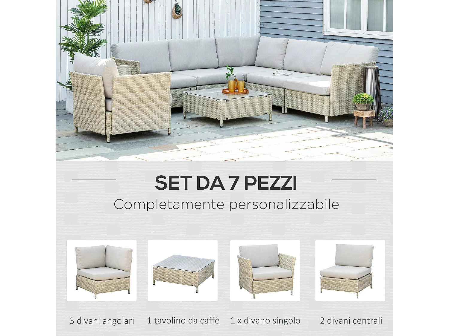 Salotto da giardino 7 pezzi modulabile rattan pe con cuscini