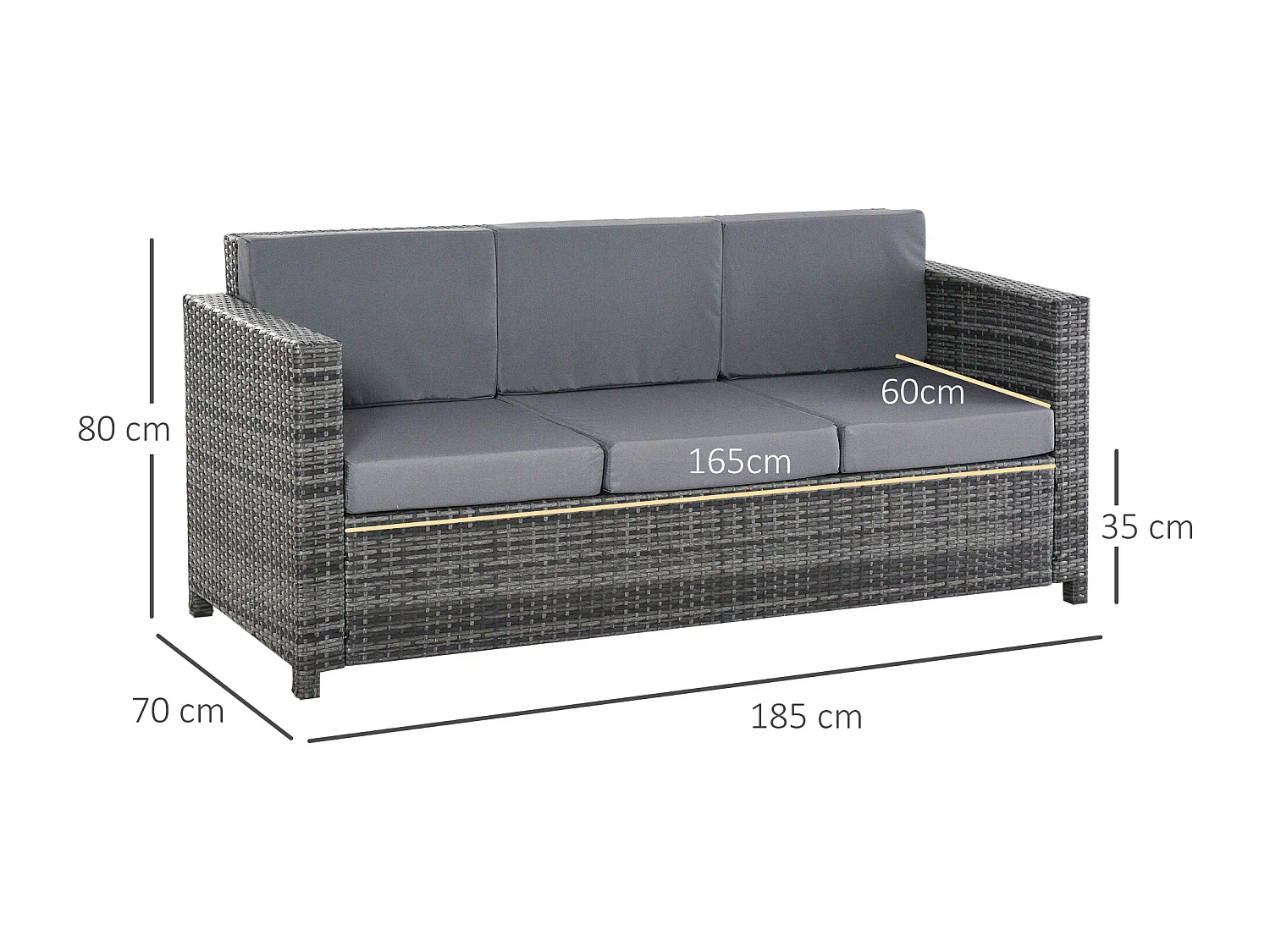 Divano da esterno 3 posti in rattan pe e metallo 185x70x80 cm grigio