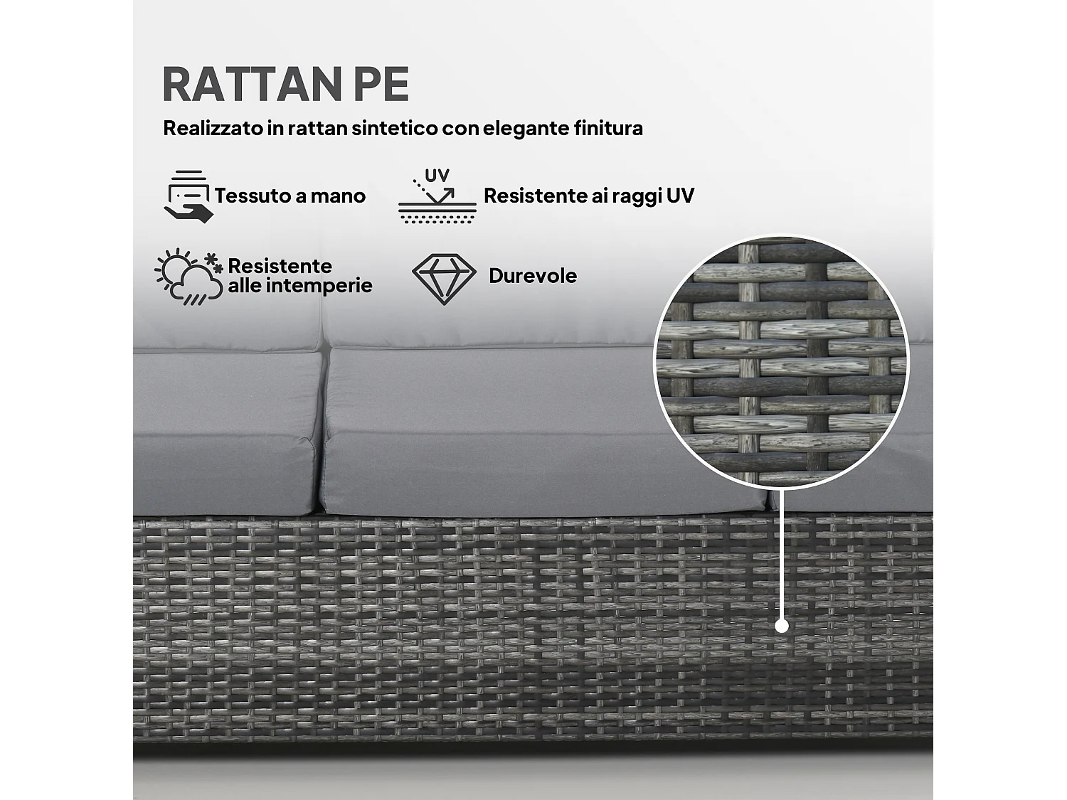 Divano da esterno 3 posti in rattan pe e metallo 185x70x80 cm grigio