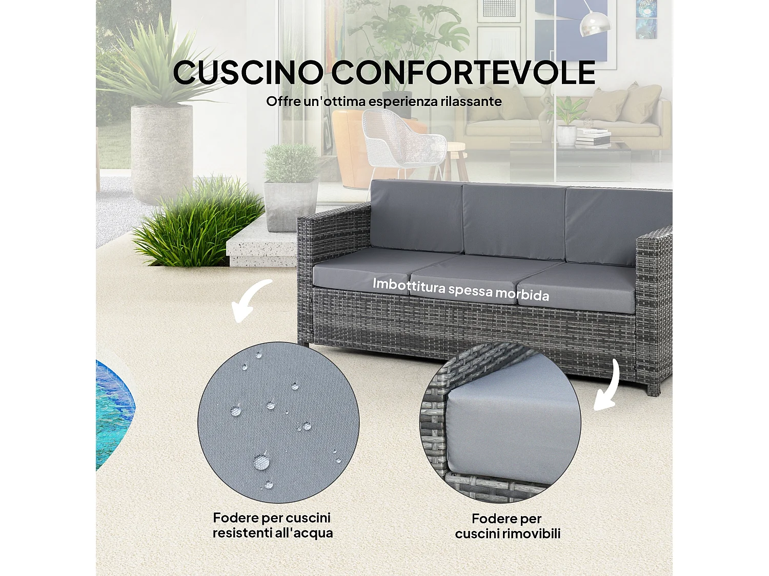 Divano da esterno 3 posti in rattan pe e metallo 185x70x80 cm grigio