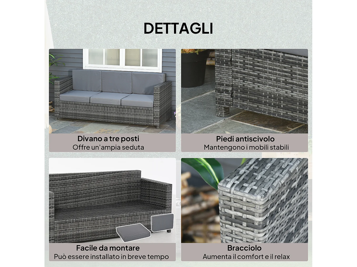 Divano da esterno 3 posti in rattan pe e metallo 185x70x80 cm grigio