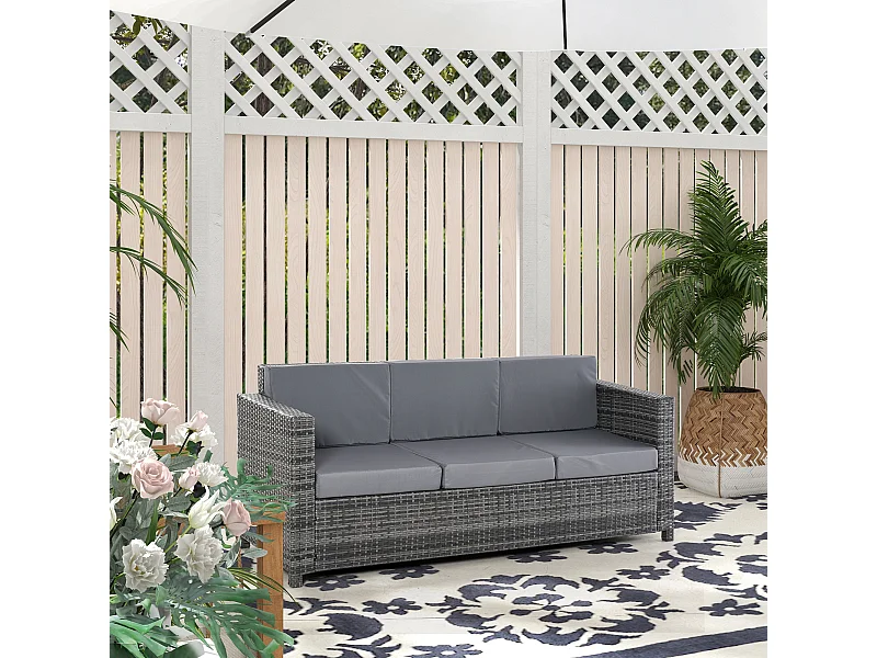 Divano da esterno 3 posti in rattan pe e metallo 185x70x80 cm grigio