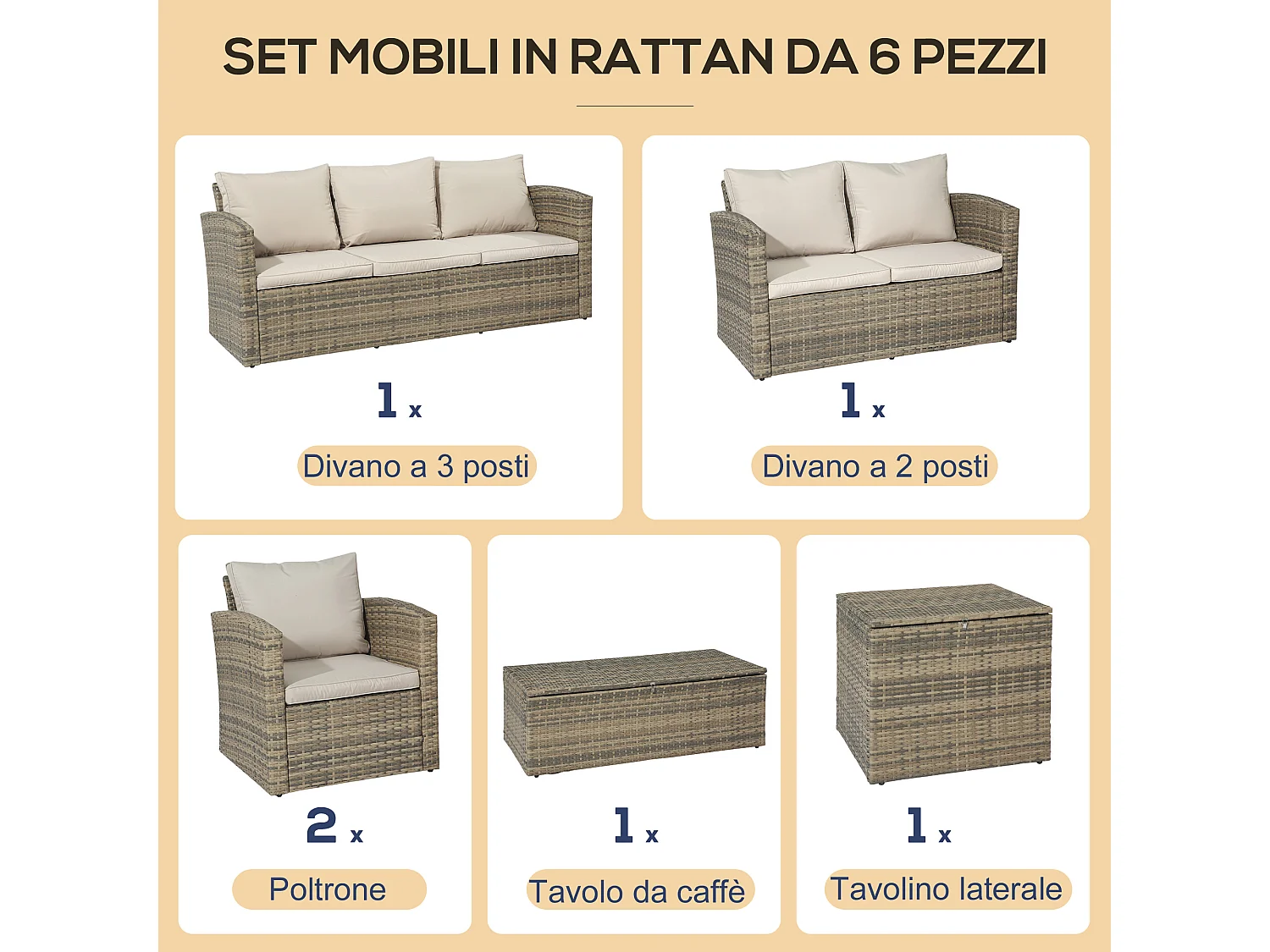 Mobili da giardino 6 pezzi in rattan divani poltrone tavolini