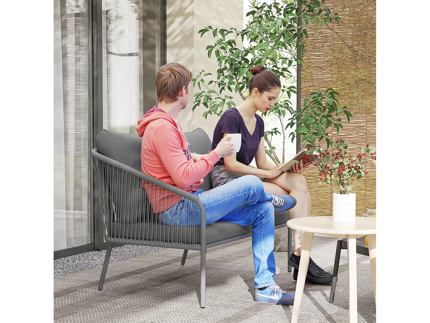 Divano 2 posti stile boho con cuscini sfoderabili in rattan grigio