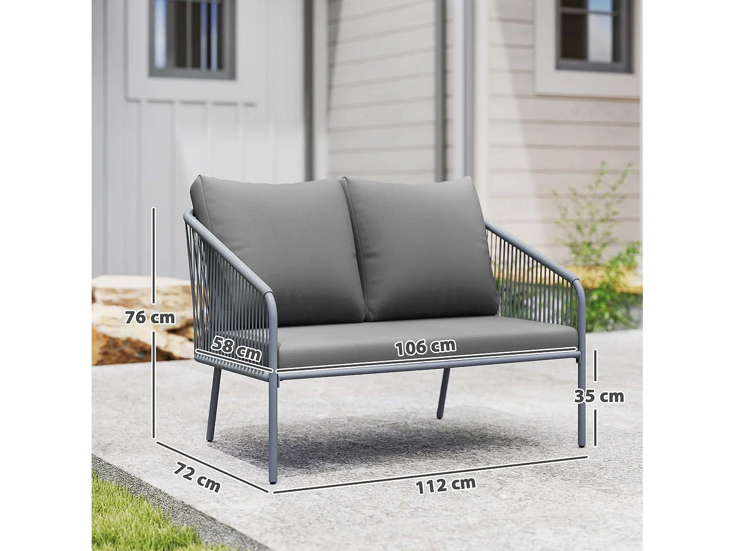 Divano 2 posti stile boho con cuscini sfoderabili in rattan grigio