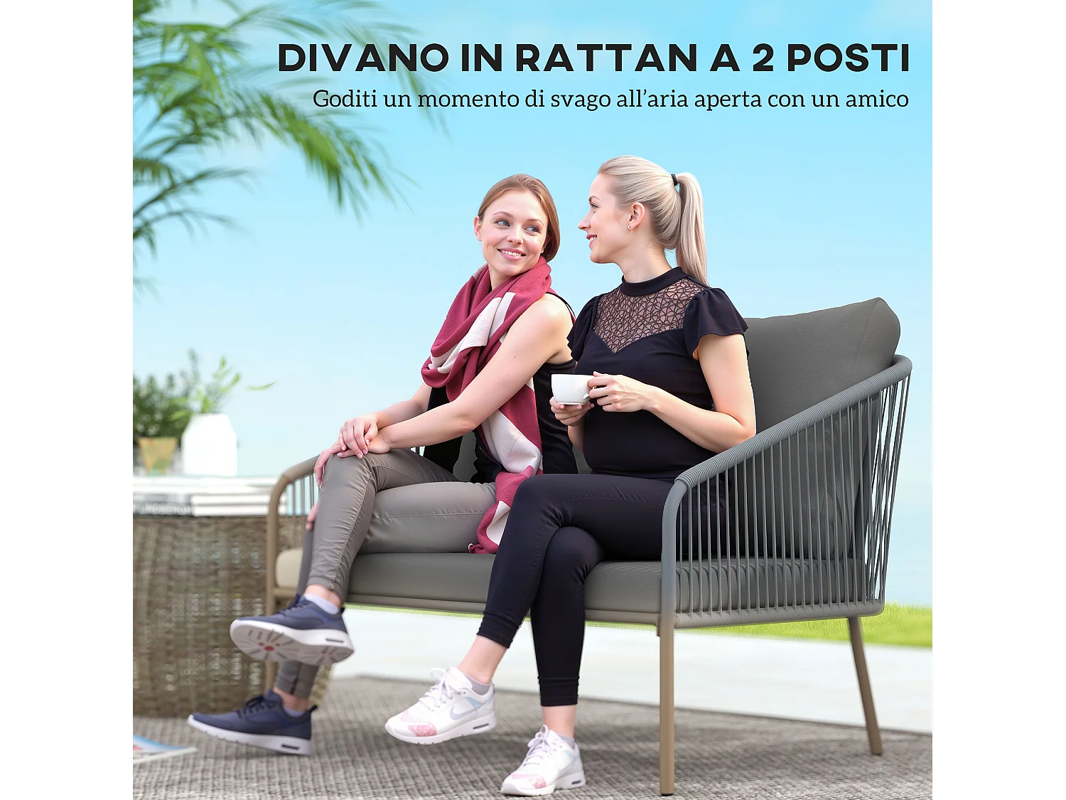 Divano 2 posti stile boho con cuscini sfoderabili in rattan grigio