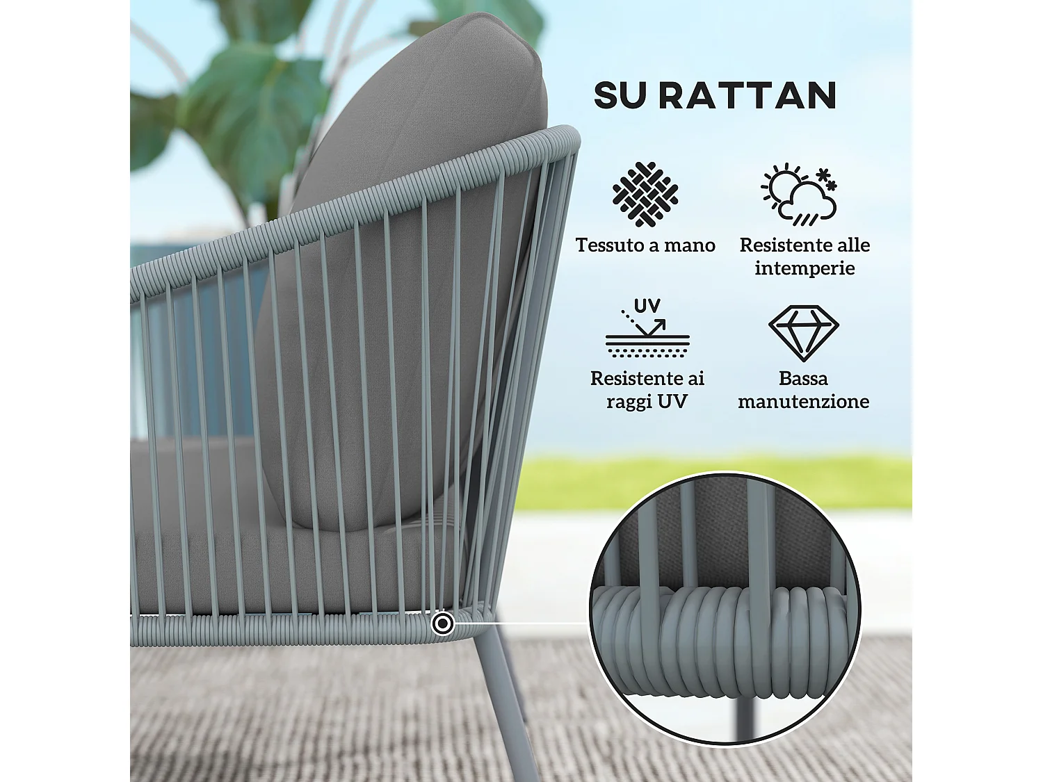 Divano 2 posti stile boho con cuscini sfoderabili in rattan grigio