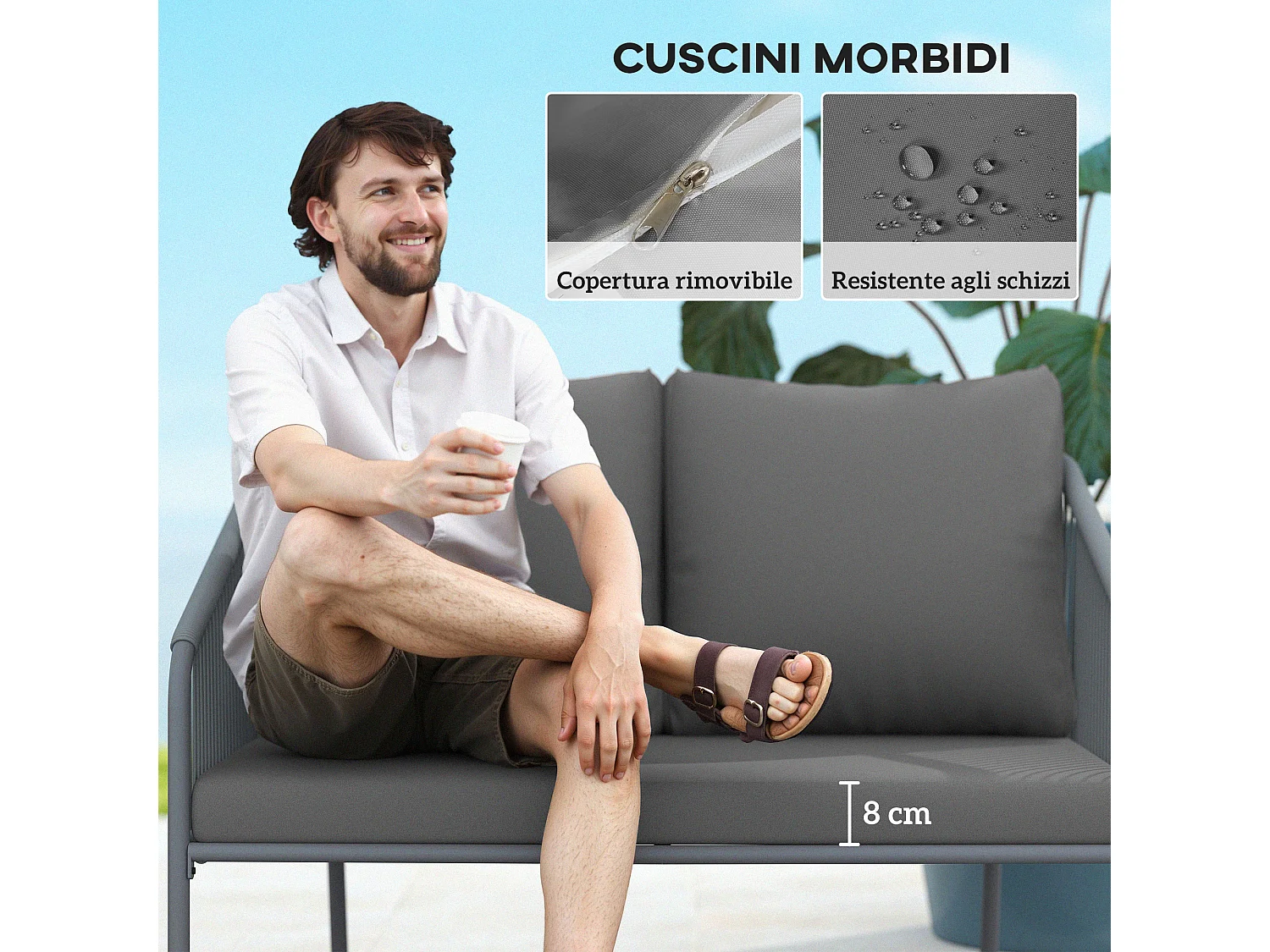 Divano 2 posti stile boho con cuscini sfoderabili in rattan grigio