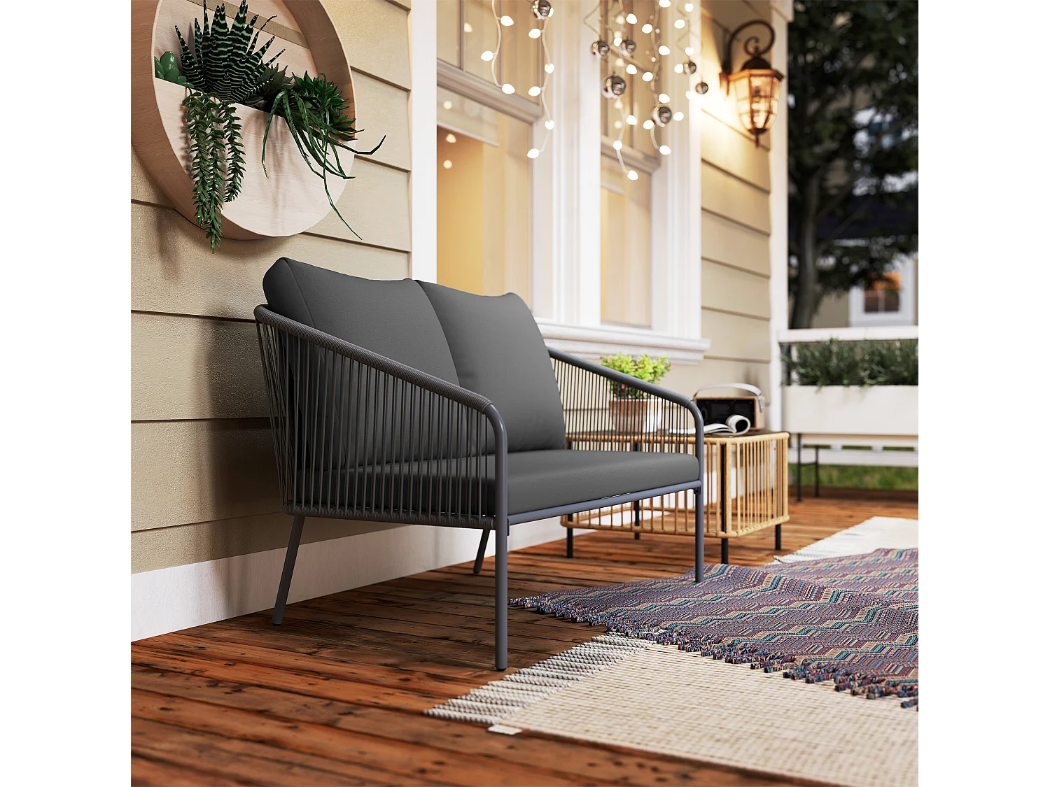 Divano 2 posti stile boho con cuscini sfoderabili in rattan grigio