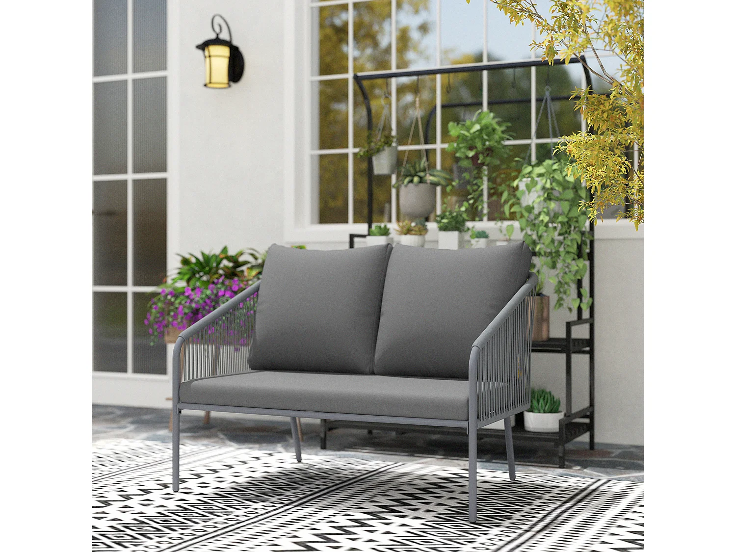 Divano 2 posti stile boho con cuscini sfoderabili in rattan grigio