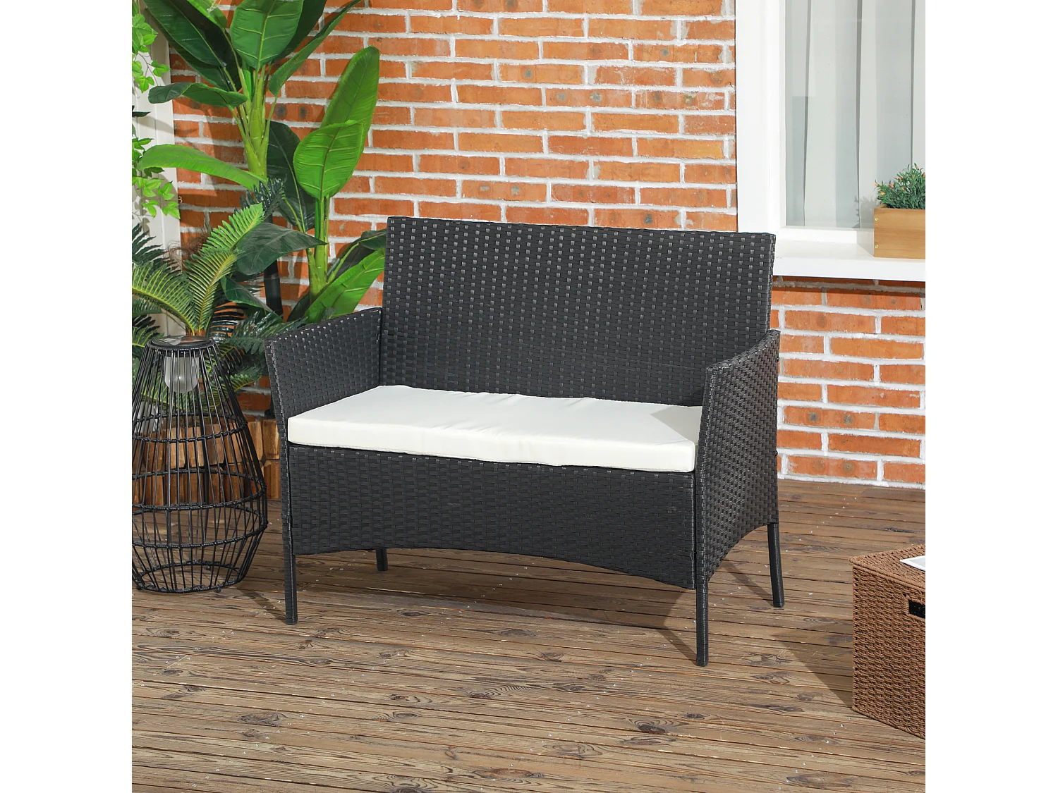 Divano da giardino 2 posti con cuscino e braccioli in rattan pe nero