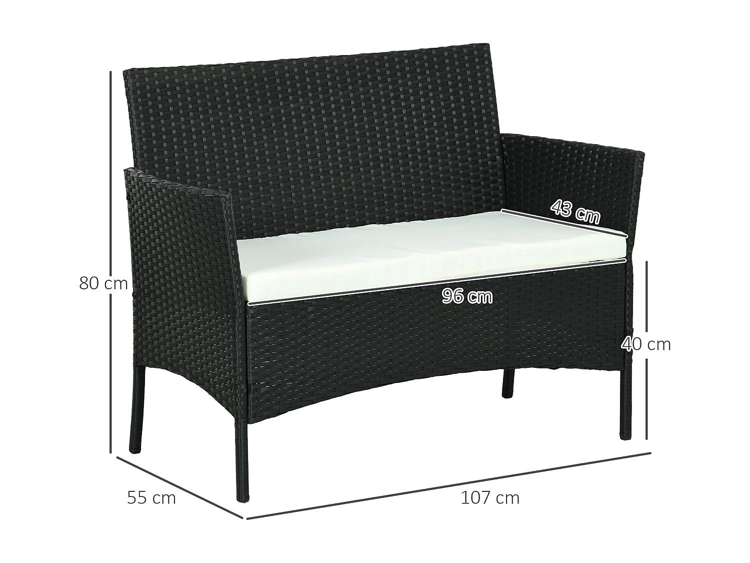 Divano da giardino 2 posti con cuscino e braccioli in rattan pe nero